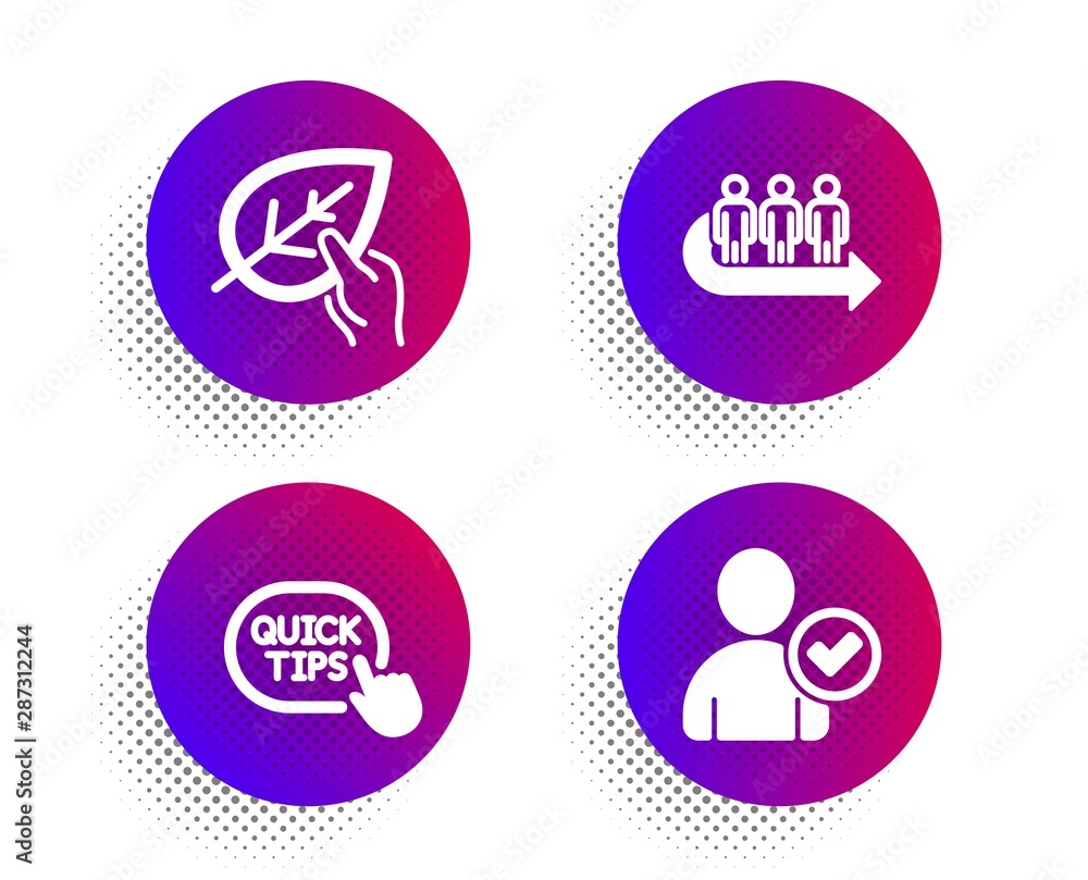 Queue, Quick tips and Organic tested icons simple set. Halftone dots button. Identity confirmed sign. People waiting, Helpful tricks, Paraben. Person validated. People set. Vector