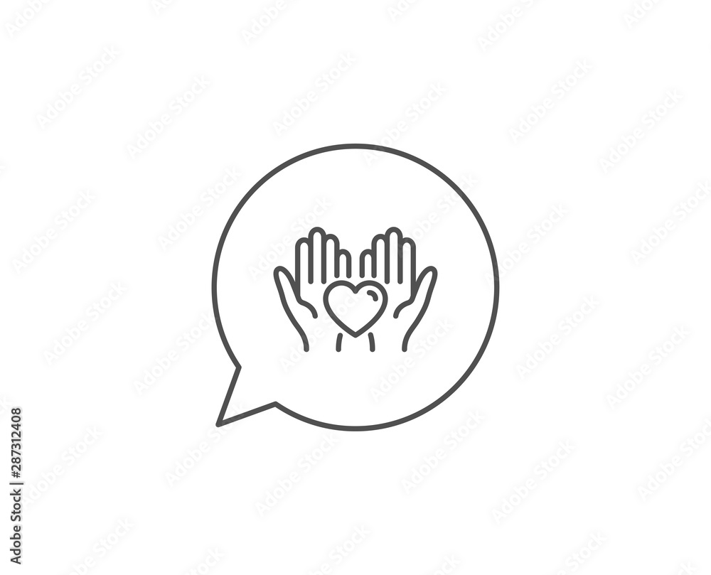 Hold heart line icon. Chat bubble design. Friends love sign. Friendship hand symbol. Outline concept. Thin line hold heart icon. Vector Hold heart line icon. Chat bubble design. Friends love sign. Friendship hand symbol. Outline concept. Thin line hold heart icon. Vector