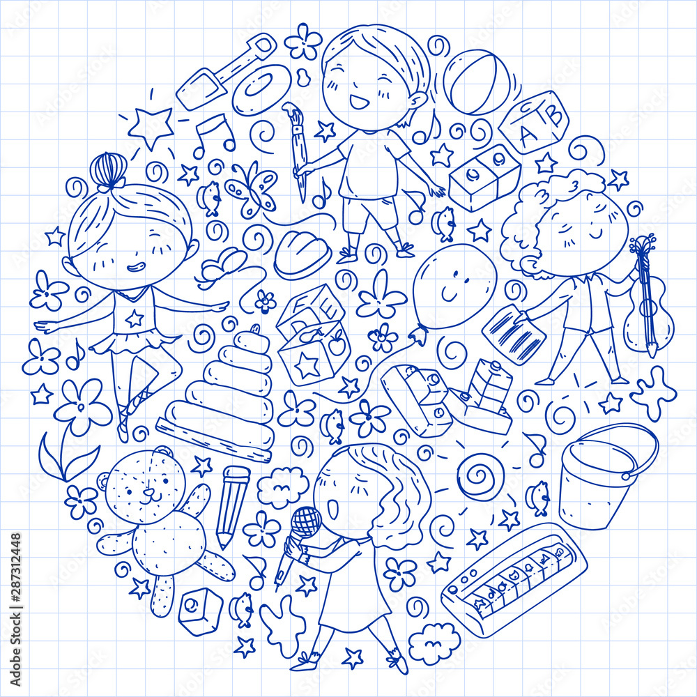 Painted by hand style pattern on the theme of childhood. Vector illustration for children design. Drawing by pen on squared notebook. Painted by hand style pattern on the theme of childhood. Vector illustration for children design. Drawing by pen on squared notebook.
