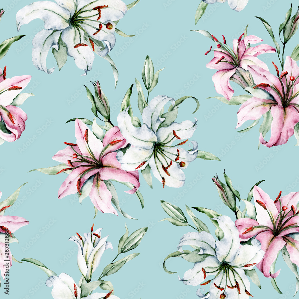 Seamless background, floral pattern watercolor with flowers lilies. Repeat fabric wallpaper print texture. Perfectly for backdrop, texture, wrapper paper, frame or border. ать