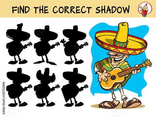 Mexican guitar player. Find the correct shadow. Educational matching game for children. Cartoon vector illustration