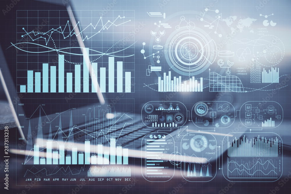 Financial graph colorful drawing and table with computer on background. Multi exposure. Concept of international markets. Financial graph colorful drawing and table with computer on background. Multi exposure. Concept of international markets.
