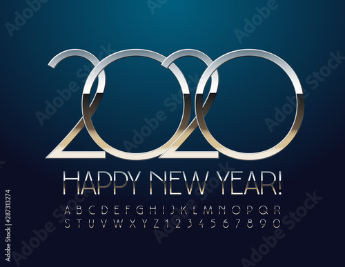 Vector chic Happy New Year 2020 Greeting Card. Luxury glossy Alphabet set of Letters, Symbols and Numbers. Slim Silver Font.