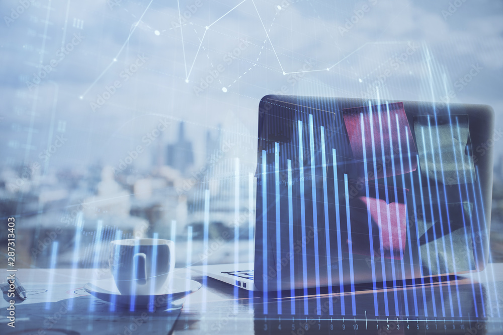 Stock market graph on background with desk and personal computer. Multi exposure. Concept of financial analysis. Stock market graph on background with desk and personal computer. Multi exposure. Concept of financial analysis.