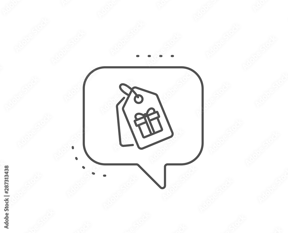 Coupons with Gifts line icon. Chat bubble design. Present box or Sale sign. Birthday Shopping symbol. Package in Gift Wrap. Outline concept. Thin line coupons icon. Vector Coupons with Gifts line icon. Chat bubble design. Present box or Sale sign. Birthday Shopping symbol. Package in Gift Wrap. Outline concept. Thin line coupons icon. Vector