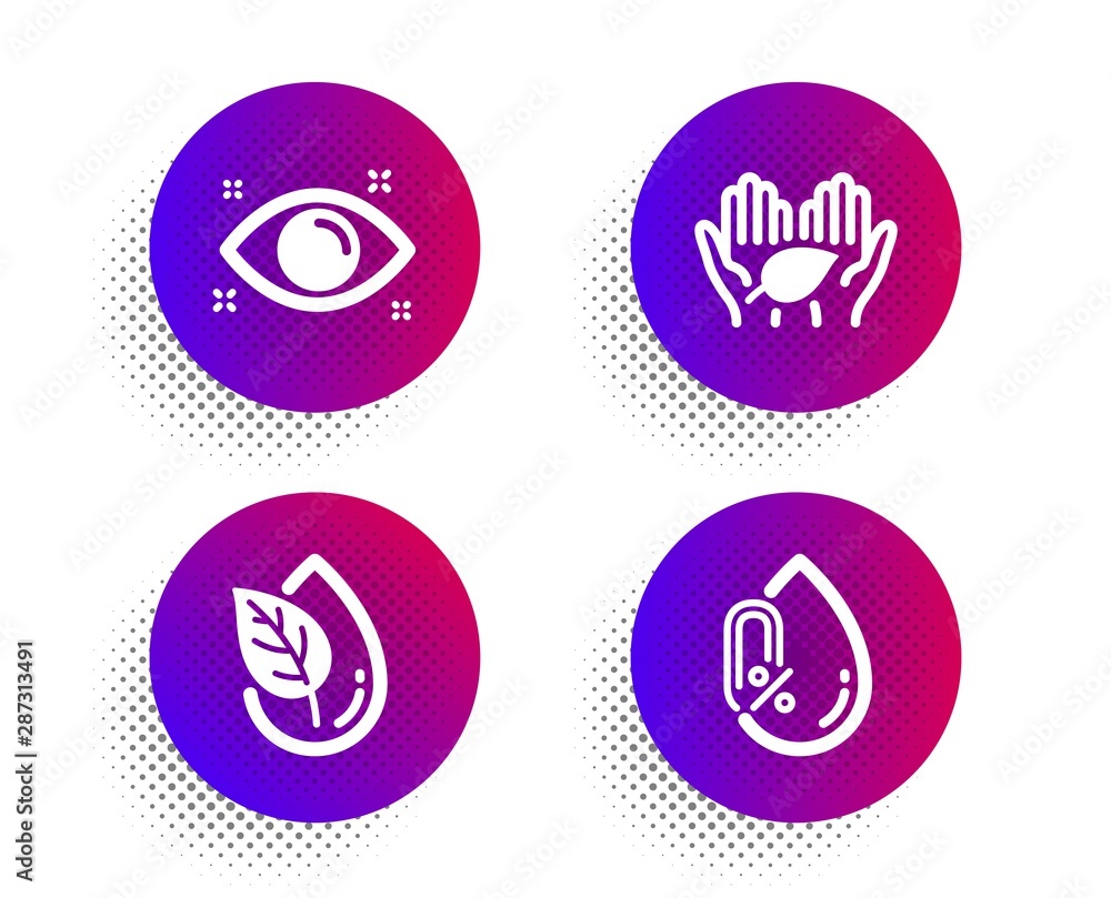 Fair trade, Organic product and Health eye icons simple set. Halftone dots button. No alcohol sign. Safe nature, Leaf, Optometry. Mineral oil. Healthcare set. Classic flat fair trade icon. Vector Fair trade, Organic product and Health eye icons simple set. Halftone dots button. No alcohol sign. Safe nature, Leaf, Optometry. Mineral oil. Healthcare set. Classic flat fair trade icon. Vector