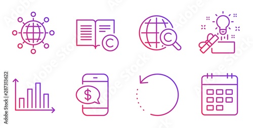 International Ð¡opyright, International globe and Diagram graph line icons set. Recovery data, Creative idea and Phone payment signs. Copyright, Calendar symbols. Vector