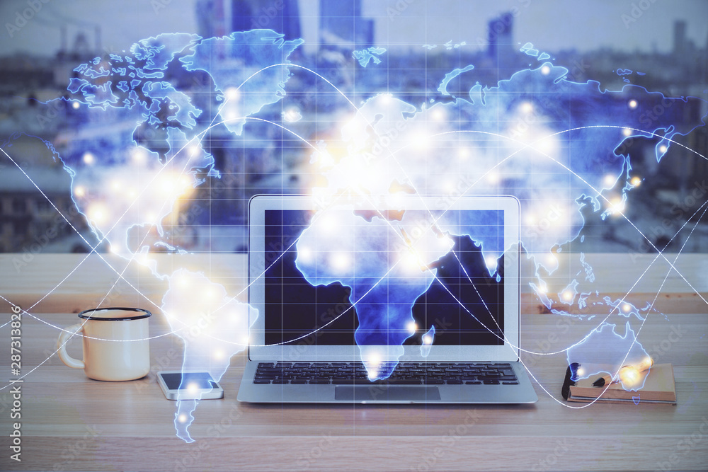Multi exposure of business theme icons and table with computer background. Concept of success. Multi exposure of business theme icons and table with computer background. Concept of success.