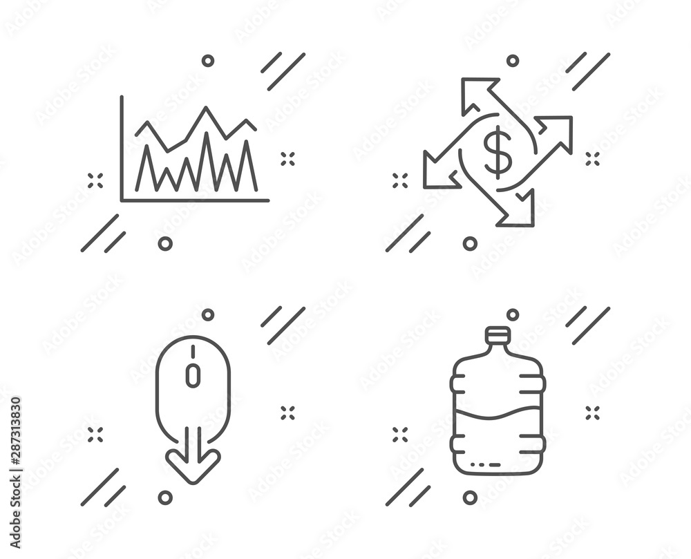 Scroll down, Investment and Payment exchange line icons set. Cooler bottle sign. Mouse swipe, Economic statistics, Money transfer. Water drink. Business set. Line scroll down outline icon. Vector