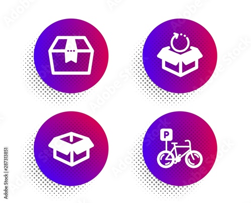 Package box, Return package and Opened box icons simple set. Halftone dots button. Bicycle parking sign. Delivery goods, Exchange goods, Shipping parcel. Bike park. Transportation set. Vector