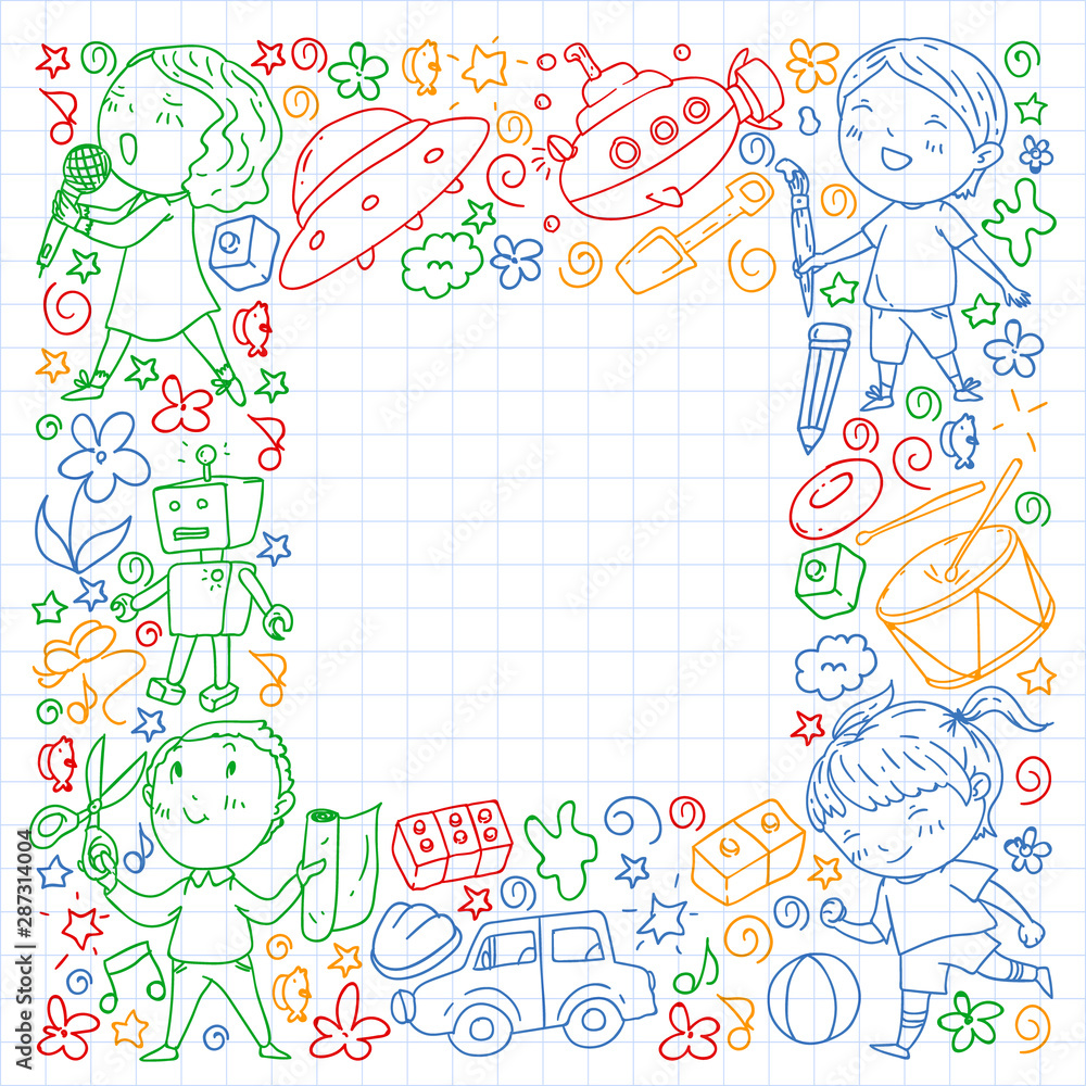 Painted by hand style pattern on the theme of childhood. Vector illustration for children design. Drawing by colorful pen on squared notebook.