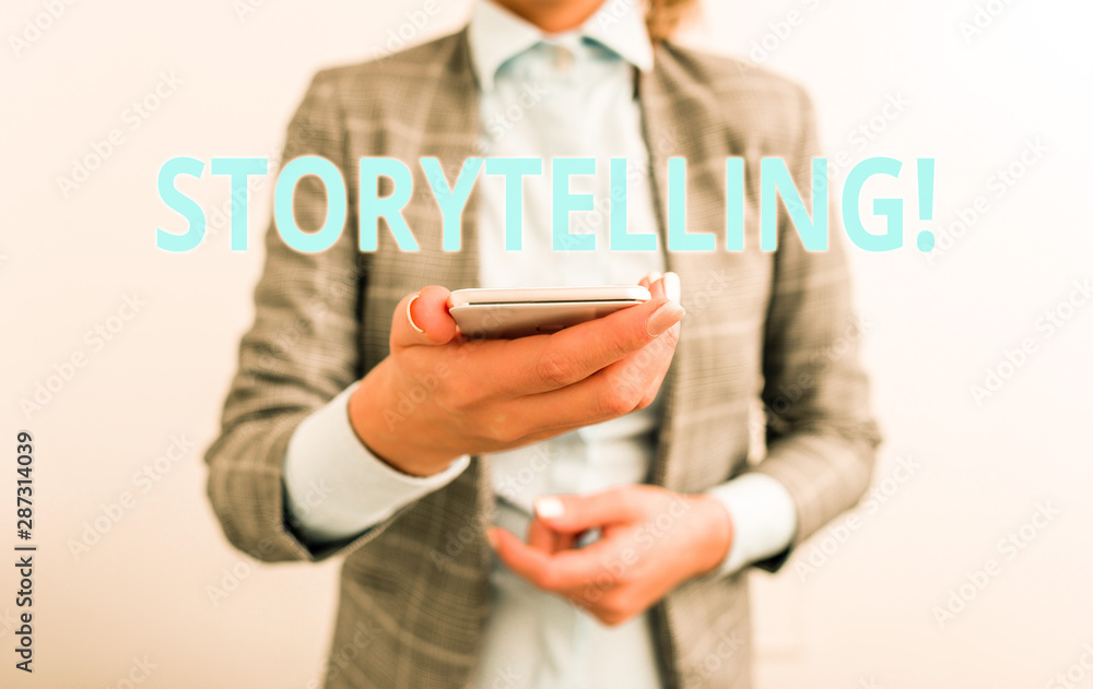 Word writing text Storytelling. Business photo showcasing activity writing stories for publishing them to public Business concept with mobile phone and business woman Word writing text Storytelling. Business photo showcasing activity writing stories for publishing them to public Business concept with mobile phone and business woman