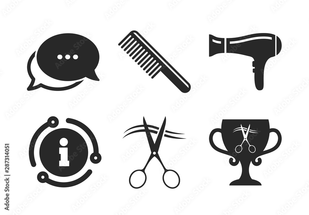 Scissors cut hair symbol. Chat, info sign. Hairdresser icons. Comb hair with hairdryer symbol. Barbershop winner award cup. Classic style speech bubble icon. Vector