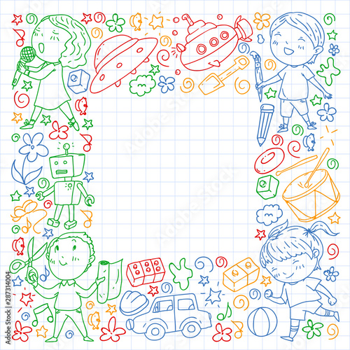Painted by hand style pattern on the theme of childhood. Vector illustration for children design. Drawing by colorful pen on squared notebook.
