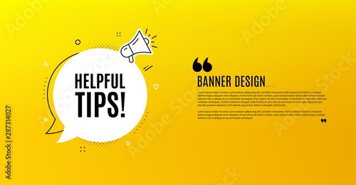 Helpful tips symbol. Yellow banner with chat bubble. Education faq sign. Help assistance. Coupon design. Flyer background. Hot offer banner template. Bubble with helpful tips text. Vector photo