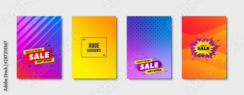 Huge Discounts. Cover design, banner badge. Special offer price sign. Advertising Sale symbol. Poster template. Sale, hot offer discount. Flyer or cover background. Coupon, banner design. Vector