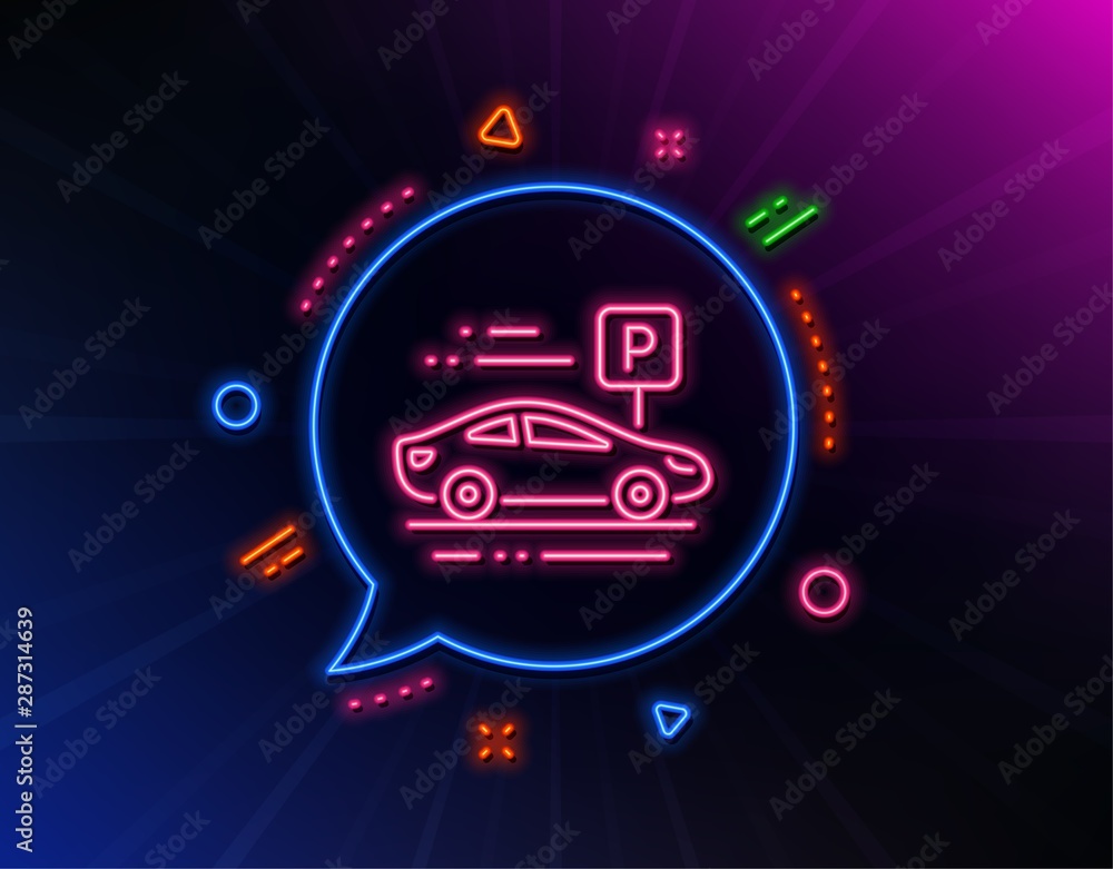 Car parking line icon. Neon laser lights. Park place sign. Hotel service symbol. Glow laser speech bubble. Neon lights chat bubble. Banner badge with car parking icon. Vector