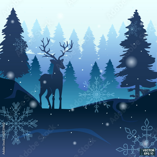 Silhouette of a deer on a background of forest and snow.