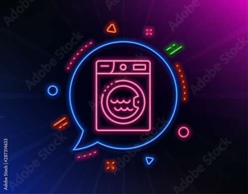 Laundry line icon. Neon laser lights. Washing machine sign. Hotel service symbol. Glow laser speech bubble. Neon lights chat bubble. Banner badge with laundry icon. Vector