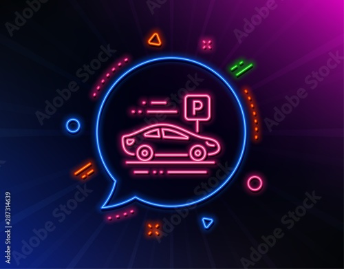 Car parking line icon. Neon laser lights. Park place sign. Hotel service symbol. Glow laser speech bubble. Neon lights chat bubble. Banner badge with car parking icon. Vector