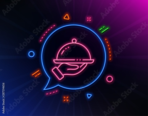 Restaurant food line icon. Neon laser lights. Dinner sign. Hotel room service symbol. Glow laser speech bubble. Neon lights chat bubble. Banner badge with restaurant food icon. Vector