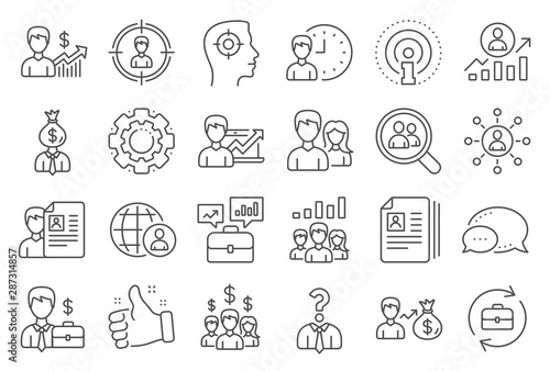 Human Resources, head hunting line icons. Business networking contract, Job Interview and Head Hunting contract icons. CV, Teamwork and Portfolio symbols. Business career, human, interview. Vector