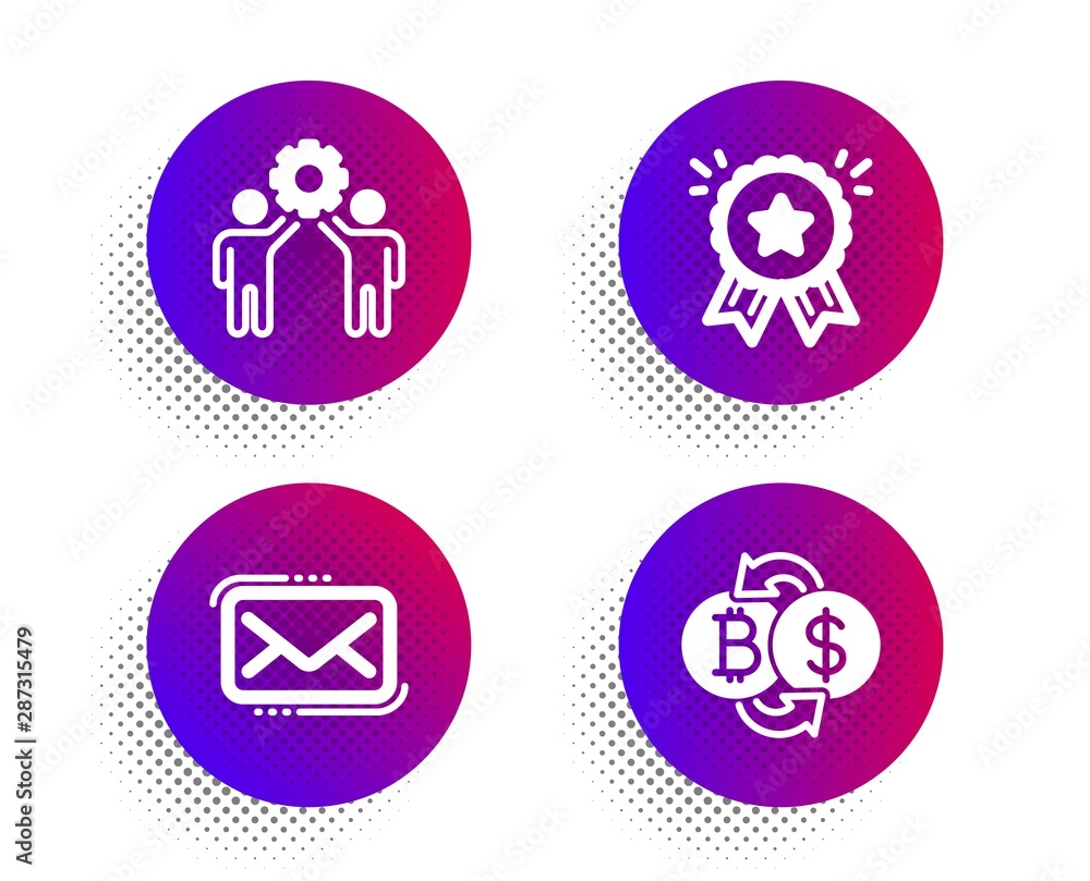 Loyalty award, Employees teamwork and Messenger mail icons simple set. Halftone dots button. Bitcoin exchange sign. Bonus medal, Collaboration, New e-mail. Cryptocurrency change. Vector Loyalty award, Employees teamwork and Messenger mail icons simple set. Halftone dots button. Bitcoin exchange sign. Bonus medal, Collaboration, New e-mail. Cryptocurrency change. Vector