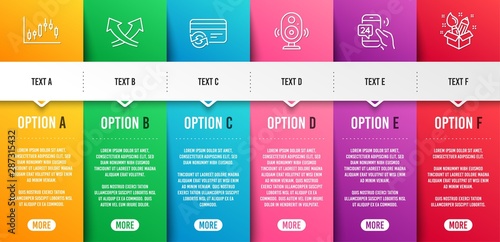 Intersection arrows, Change card and 24h service line icons set. Infographic timeline. Speaker, Candlestick graph and Creativity signs. Exchange, Payment method, Call support. Music sound. Vector