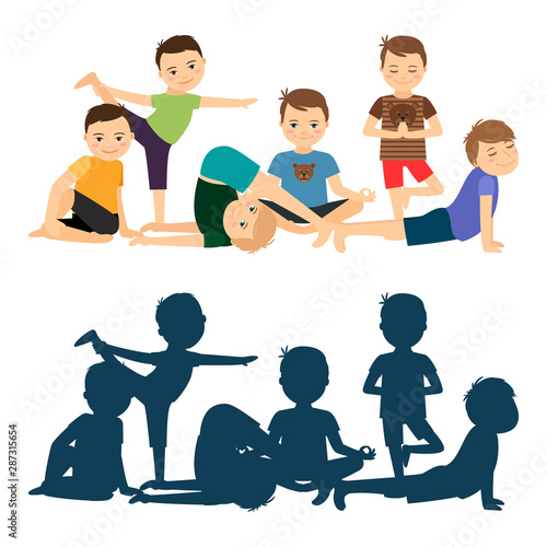 Boys yoga training. Vector yoga silhouettes isolated on white background