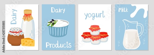 Dairy products cards template. Vector farm milk, homemade cheese, yogurt banners