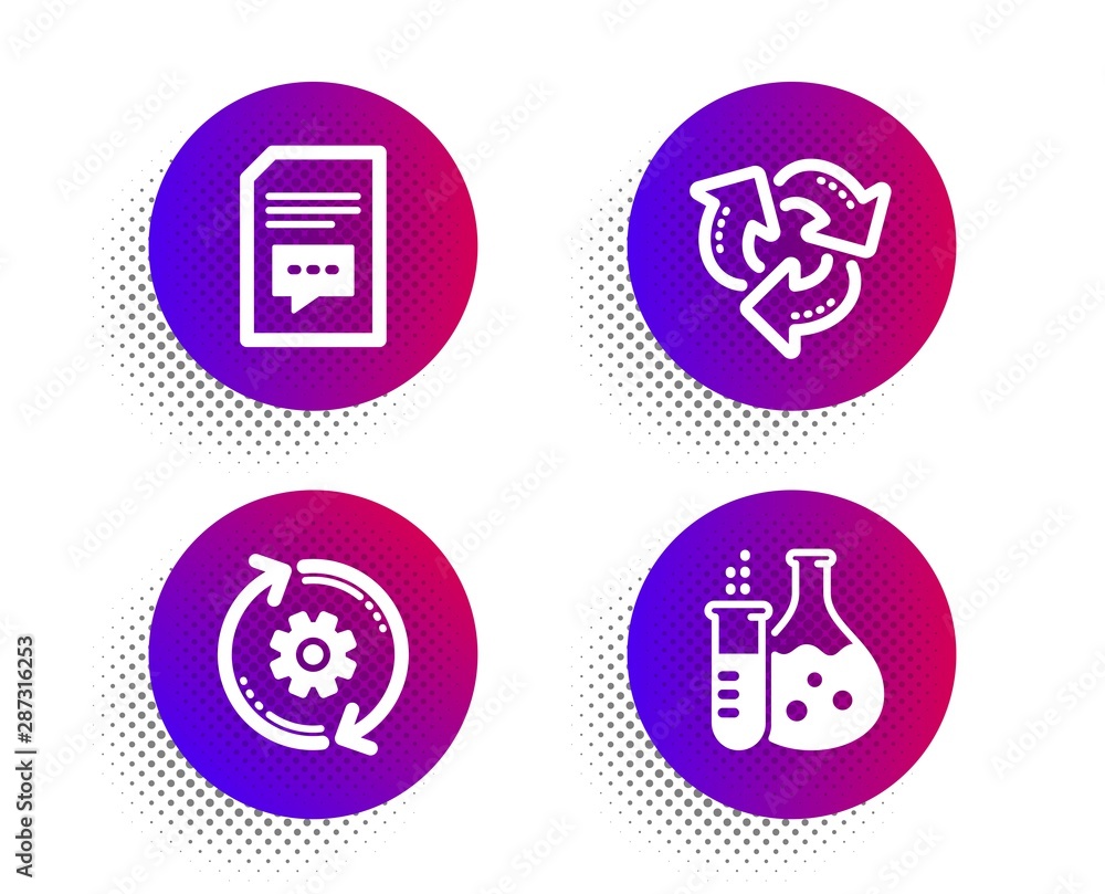Comments, Cogwheel and Recycle icons simple set. Halftone dots button. Chemistry flask sign. Document with speech bubble, Engineering tool, Recycling waste. Laboratory. Technology set. Vector Comments, Cogwheel and Recycle icons simple set. Halftone dots button. Chemistry flask sign. Document with speech bubble, Engineering tool, Recycling waste. Laboratory. Technology set. Vector