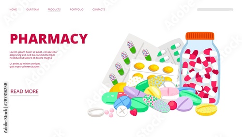 Pharmacy landing page. Vector web banner with pills. Medicine, pharmacology illustration