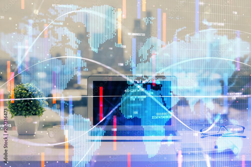 Double exposure of business theme icons and work space with computer background. Concept of success. Double exposure of business theme icons and work space with computer background. Concept of success.