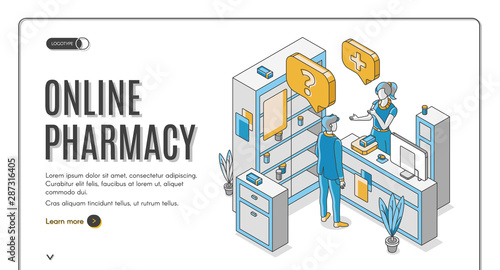 Online pharmacy isometric web banner. Customer communicate with pharmacist at counter desk in drugstore with medicine lying on shelf. Healthcare business. 3d vector landing page in line art style