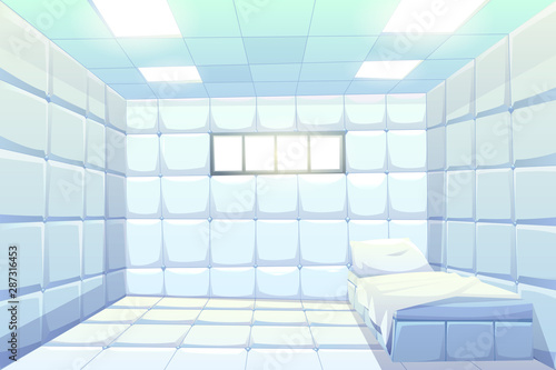 Asylum, madhouse empty interior with bed, white padded soft floor and walls, glowing lamps and small window. Psychiatric clinic room for insane patient with mental disorder Cartoon vector illustration