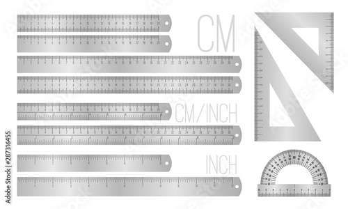 Steel ruler lines. Vector metal inches and millimeters rulers isolated on white, metric scale measure objects with numbers, office metalic measuring office supplies