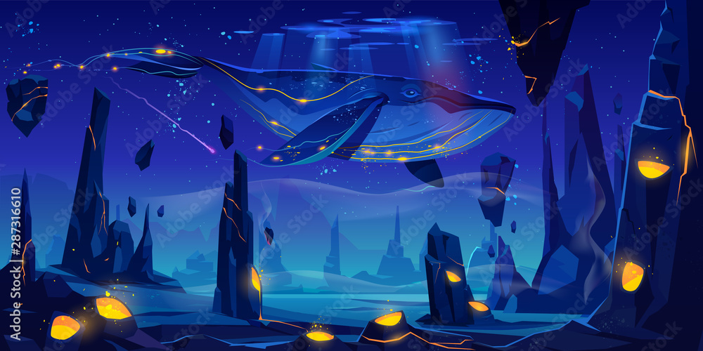Fantasy dream, space fairy tale background with huge whale flying in night  neon sky over phantasmagoric alien planet surface with rocks and craters  full of glowing lava. Cartoon vector illustration Stock Vector |