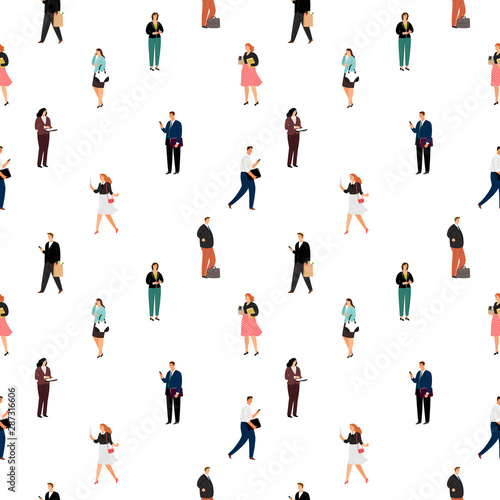 Business people pattern. Vector youthful happy women and smiling faces men seamless illustration, youths persons white background