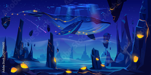 Fantasy dream, space fairy tale background with huge whale flying in night neon sky over phantasmagoric alien planet surface with rocks and craters full of glowing lava. Cartoon vector illustration