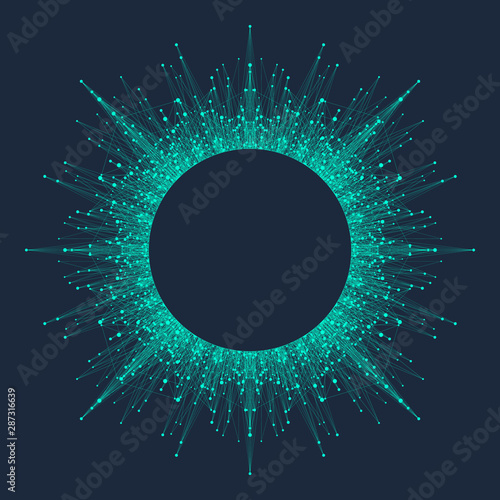 Quantum computing technology concept. Deep learning artificial intelligence. Big data algorithms visualization for business, science, technology. Waves flow, dots, lines. Quantum vector illustration