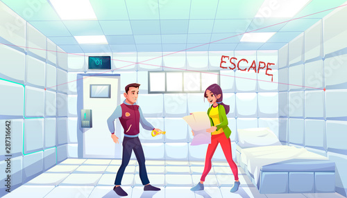 Quest escape asylum room with people searching exit, game. Man holding key, woman with map in madhouse psychiatric clinic with bed, white soft walls, lamps and small window Cartoon vector illustration