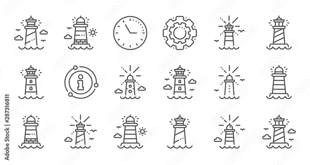 Lighthouse line icons. Searchlight tower with seagull for marine navigation of ships. Sea pharos, lighthouse or beacon icons. Linear set. Quality line set. Vector
