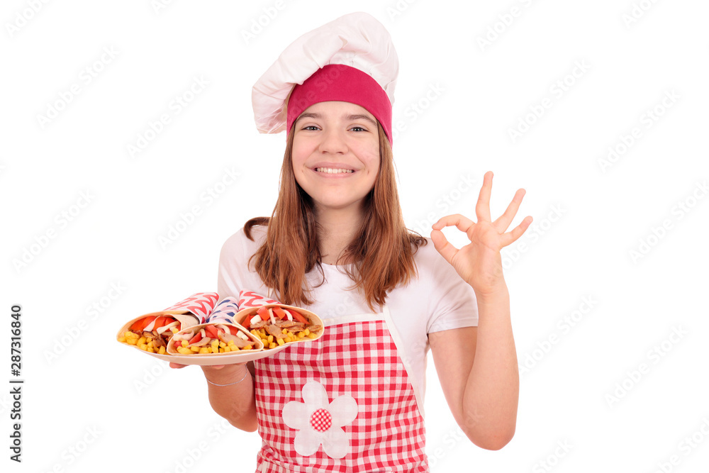 happy girl cook with gyros fast food on plateand ok hand sign happy girl cook with gyros fast food on plateand ok hand sign