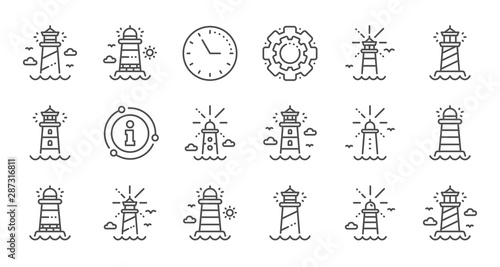 Lighthouse line icons. Searchlight tower with seagull for marine navigation of ships. Sea pharos, lighthouse or beacon icons. Linear set. Quality line set. Vector