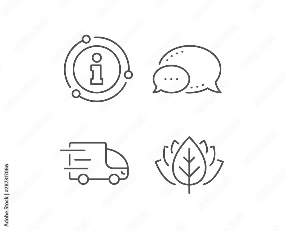 Fototapeta premium Truck delivery line icon. Chat bubble, info sign elements. Express service sign. Transportation symbol. Linear truck delivery outline icon. Information bubble. Vector