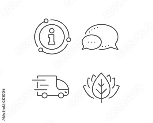 Truck delivery line icon. Chat bubble, info sign elements. Express service sign. Transportation symbol. Linear truck delivery outline icon. Information bubble. Vector