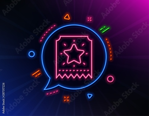 Loyalty star ticket line icon. Neon laser lights. Bonus points. Discount program symbol. Glow laser speech bubble. Neon lights chat bubble. Banner badge with loyalty ticket icon. Vector