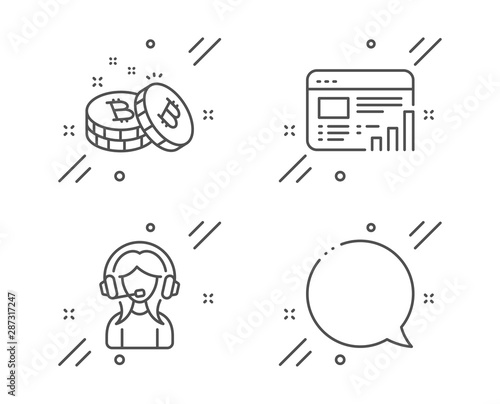 Support, Bitcoin and Web report line icons set. Speech bubble sign. Call center, Cryptocurrency coin, Graph chart. Chat message. Technology set. Line support outline icon. Vector © blankstock