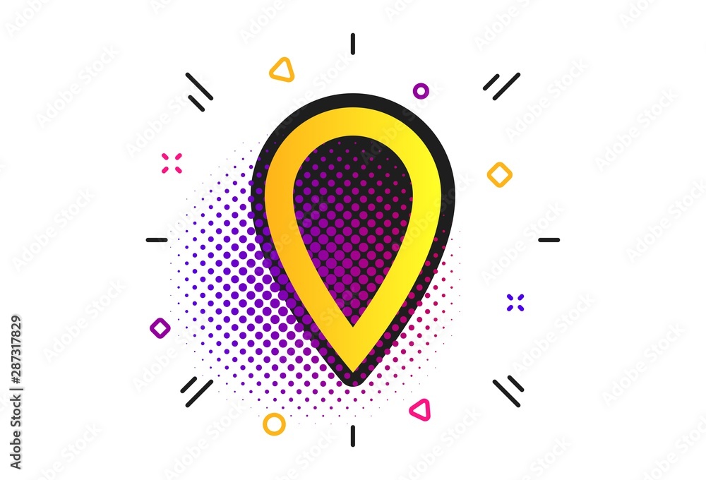 Fototapeta premium Map pointer sign icon. Halftone dots pattern. Location marker symbol. Classic flat map pointer icon. Vector
