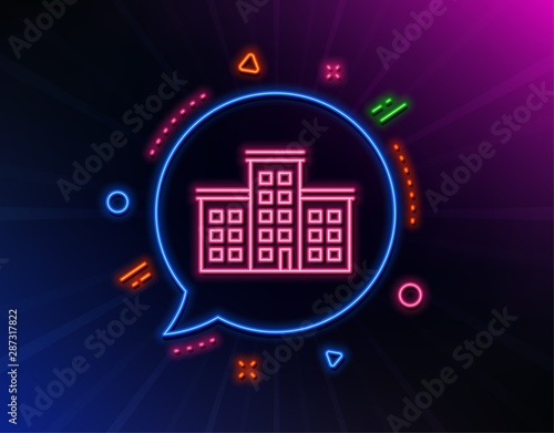 Company house line icon. Neon laser lights. Building sign. Glow laser speech bubble. Neon lights chat bubble. Banner badge with company icon. Vector